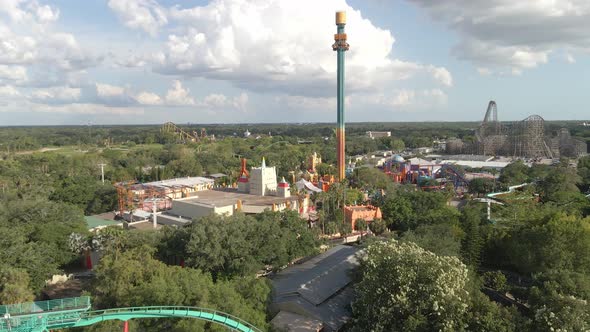 Aerial view over colorful theme amusement park, Busch Gardens Tampa Florida