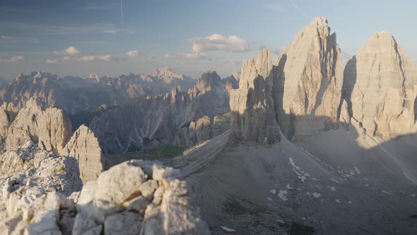 The Three Peaks in the Dolomites shortly after sunrise. Tre Cime - 3 Zinnen