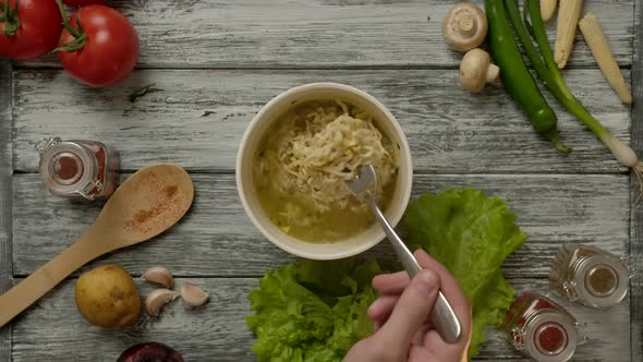 Crop Cook Mixing Delicious Noodle Soup