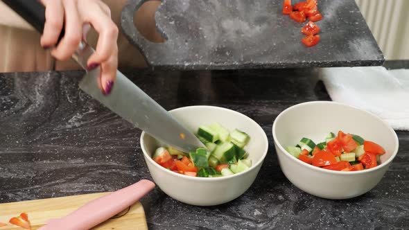 Woman Hands Put Cut Vegetables in Deep Plates Preparing Food