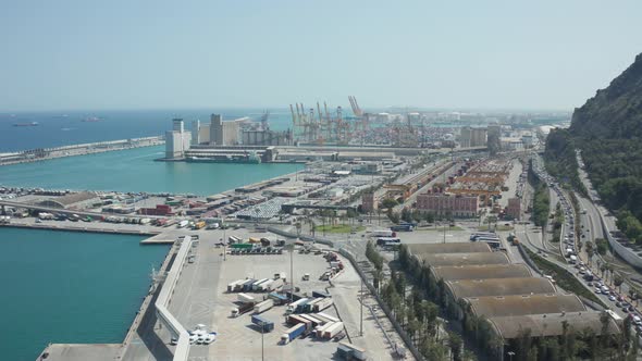 Drone View of Barcelona Old Sea Port and Highway