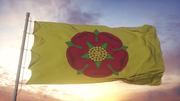 Lancashire Flag England Waving in the Wind Sky and Sun Background