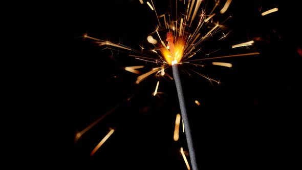 Bengal Fire Sparkling Lights Burning in Front of Black Background Closeup  Footage Slow Motion