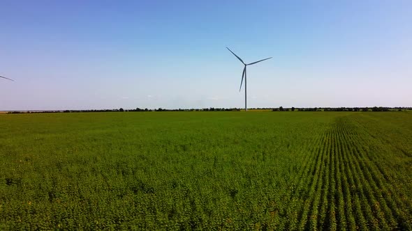Aerial drone view of a flying over the wind turbine and agricultural fields