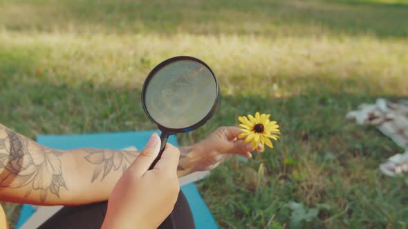 Biology Teacher Using Magnifier Teaching School Children Outdoors