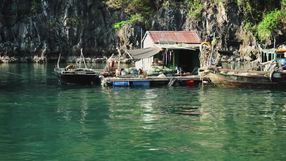 Floating Fishing Village In The Ha Long Bay. Cat Ba Island, Vietnam.