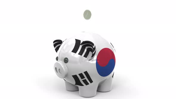 Coins Fall Into Piggy Bank Painted with Flag of South Korea