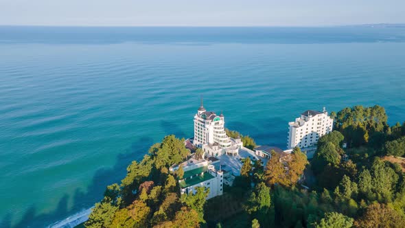 Tsikhisdziri, Georgia - November 3 2021: Aerial Hyperlapse of Castello Mare Hotel