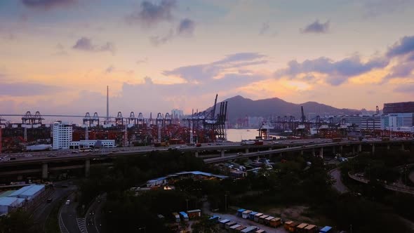 Aerial Sunset View of Hong Kong Kwai Chung Container Terminal, Highway 3, Highway 5, and Stonecutter