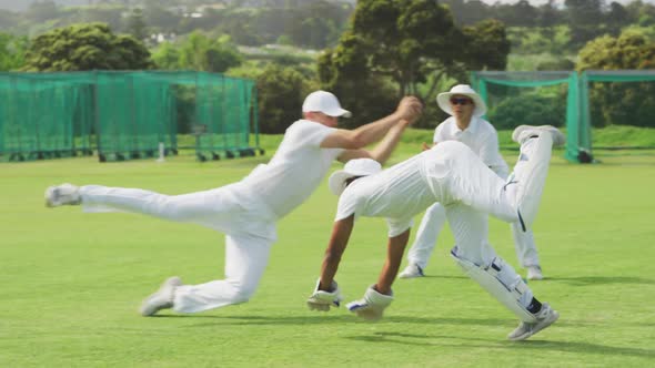 Cricket players catching the ball in the pitch