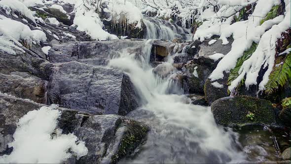 Water flowing from the source (spring) made from wood in mountainous forest in Carpathian mountains