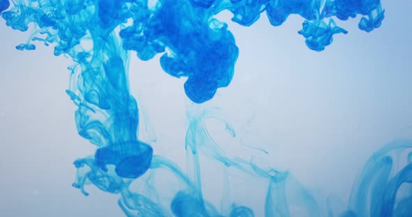 Blue Color Paint Ink Drops in Water at White Background. Inky Cloud Flowing Underwater. Abstract