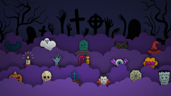 Halloween characters in the graveyard background animation