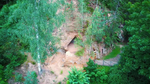 Rock Lustuzis Sandstone Caves in Ligatne, Latvia. Aerial Dron Shot