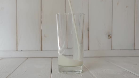 Closeup of Milk Being Slowly Poured Into an Empty Glass on a White Background