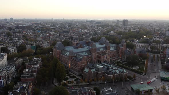 Aerial at Sunrise Showing Rijksmuseum Drone Slowly Moving Towards Dutch National Museum Dedicated To