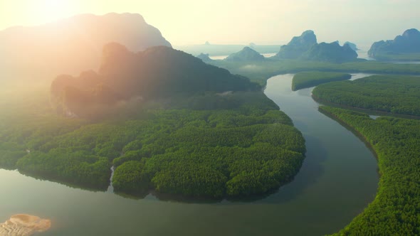 An aerial view over the river bends and mangrove forests