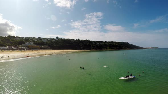 Aerial View Of Beach And Seaside, Coastline  of Carbis Bay, St Ives, Cornwall, Penzance, people padd