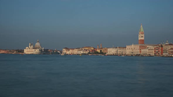 Venetian Lagoon, San Marco Tower and Basilica Santa Maria della Salute in Venice Timelapse