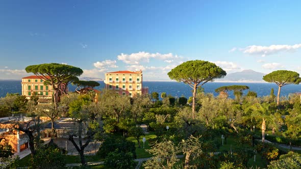 Sorrento, Italy. View of Vesuvius Volcano. Villas on Coast Tyrrhenian (Mediterranean) Sea. Park with