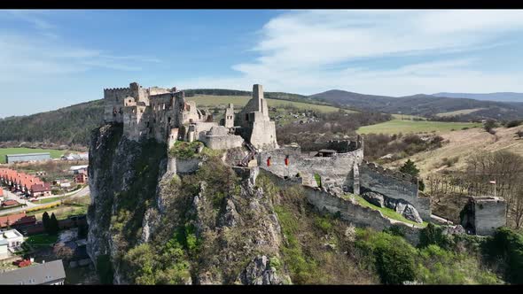 Aerial view of Beckov Castle in the village of Beckov in Slovakia