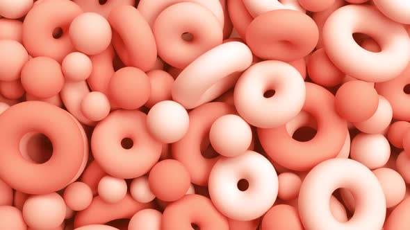 Pan Over a Lot of Geometric Objects  Donuts and Spheres in Calming Coral Color