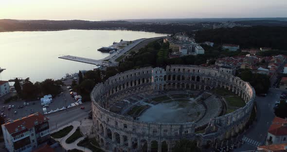 Aerial view of Pula arena and amphitheater in Pula old town, Croatia.