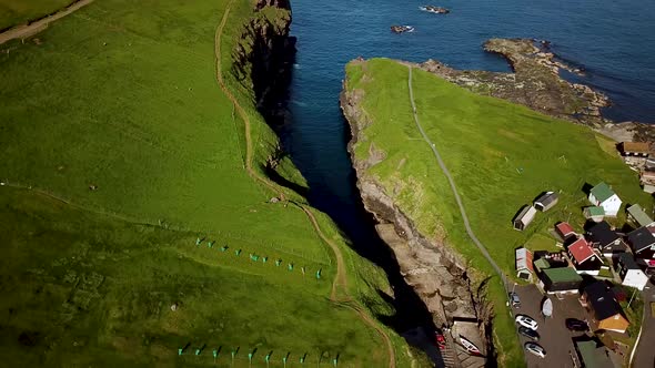 Aerial View of a Canyon in Gjogv Village in Faroe Islands