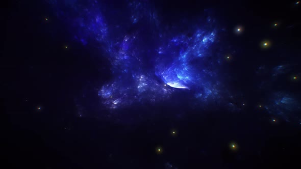 Space Flying Inside Deep Blue Nebula and Stars