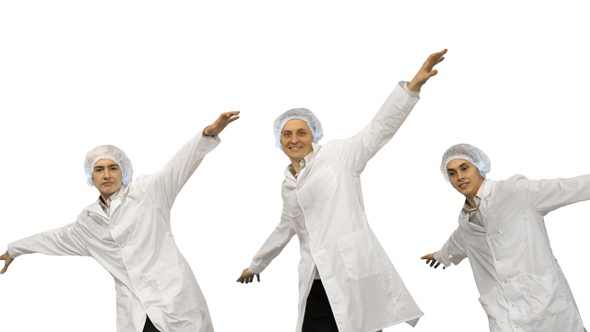 Group of three smiling doctors on white background.