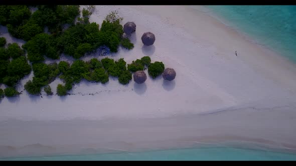 Aerial drone shot nature of perfect seashore beach holiday by blue sea and white sand background of 