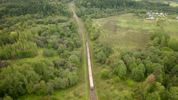 Suburban Passenger Train Goes By Rail Along the Forest