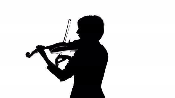 Violinist Holds a Bow in Her Hand and Plays . White Background. Silhouette