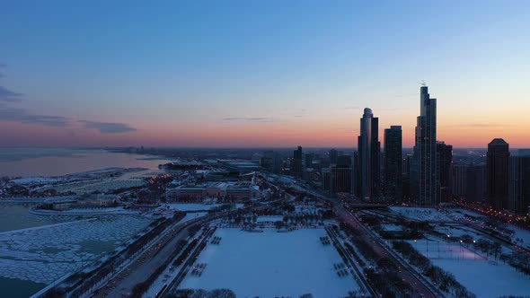 Chicago Loop and Michigan Lake at Sunset in Winter