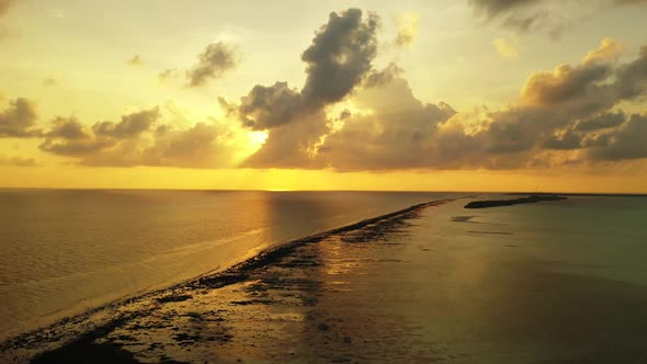 Aerial above tourism of perfect lagoon beach trip by blue green water and white sand background of a