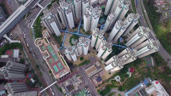 Drone fly over the Hong Kong urban city