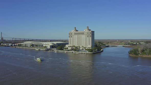 Aerial view of the Savannah River and its waterfront corporate properties