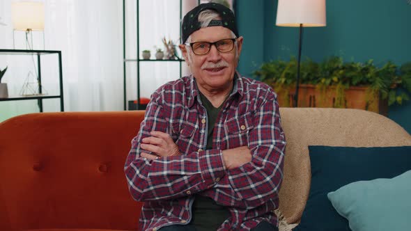 Portrait of Happy Caucasian Senior Old Grandfather in Casual Shirt Smiling Looking at Camera at Home