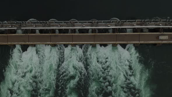 Straight overhead aerial shot of hydroelectricity power-dam in Canada