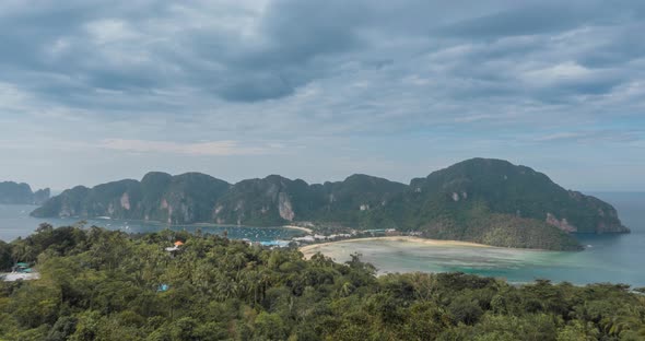 Time Lapse of Day Clouds Over the Wonderful Bay of Phi Phi Island Landscape with Boats. Andaman Sea