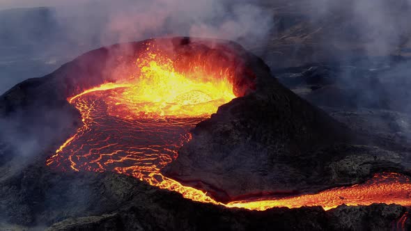 Glowing Volcanic Crater From Magma Streaming Out