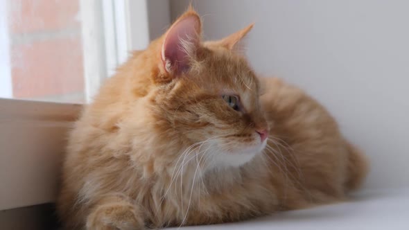 Cute Ginger Cat Lying on Window Sill. Fluffy Pet Sits at Home in Quarantine Without Walking Outside