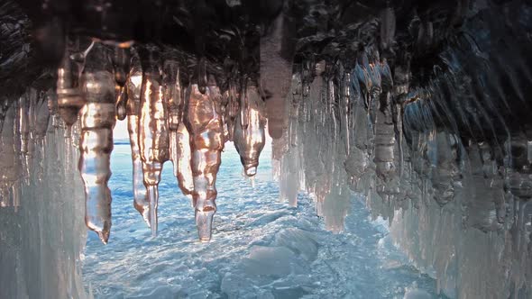 Icicles in Cave on Baikal Lake