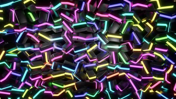 Looped Geometric Background with Neon Light Black Blocks Like Light Bulbs with Multicolor Light