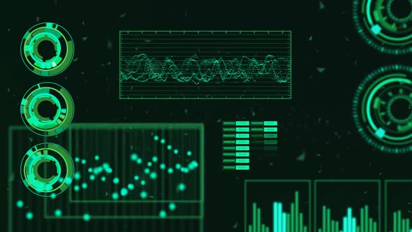 Advanced futuristic graphic interface. Displays abstract diagrams and charts.