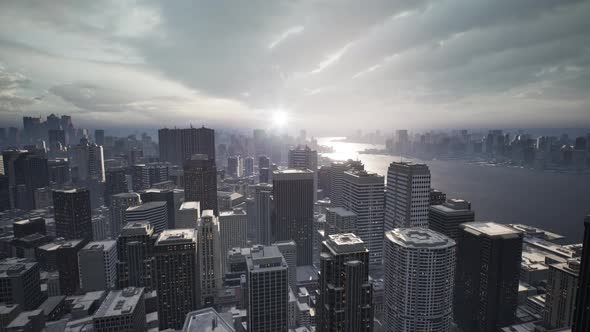 Skyline Aerial View at Sunset with Skyscrapers alt