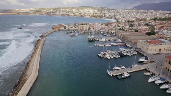 Drone Aerial panoramic view of iconic and picturesque Venetian old port of Chania