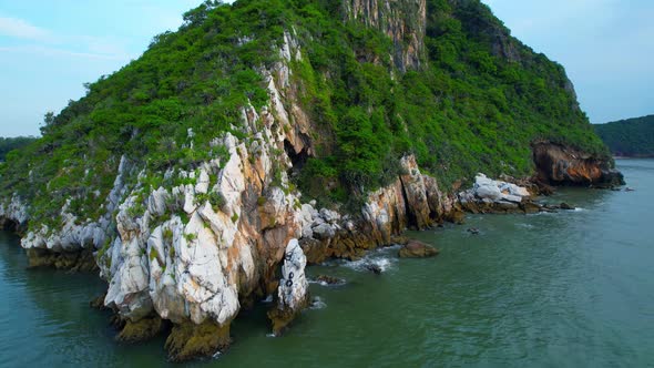 4K aerial drone view of  landscape, Flight over sea. A beautiful island located close to the coast.