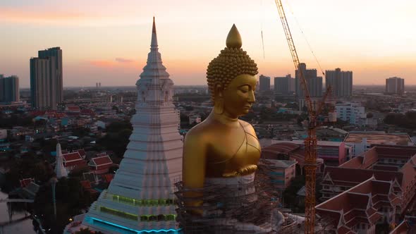 Aerial View of Wat Paknam Bhasicharoen, a Temple, Pagoda and Buddha Statue in Bangkok Thailand