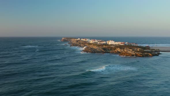 Aerial View of a Seascape with Houses in Isolated Island